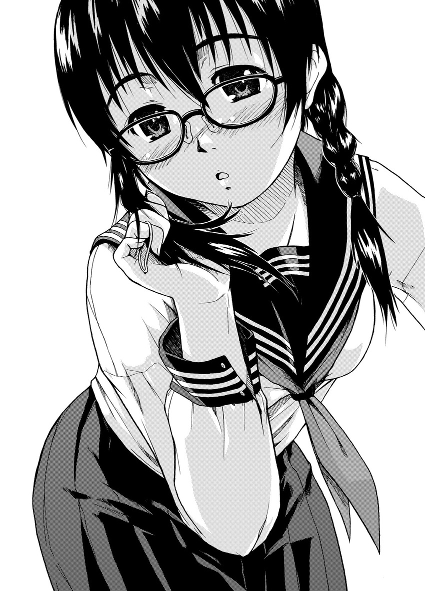 braid glasses greyscale hair_half_undone hair_over_shoulder highres monochrome ooshiro_youkou original school_uniform serafuku solo twin_braids