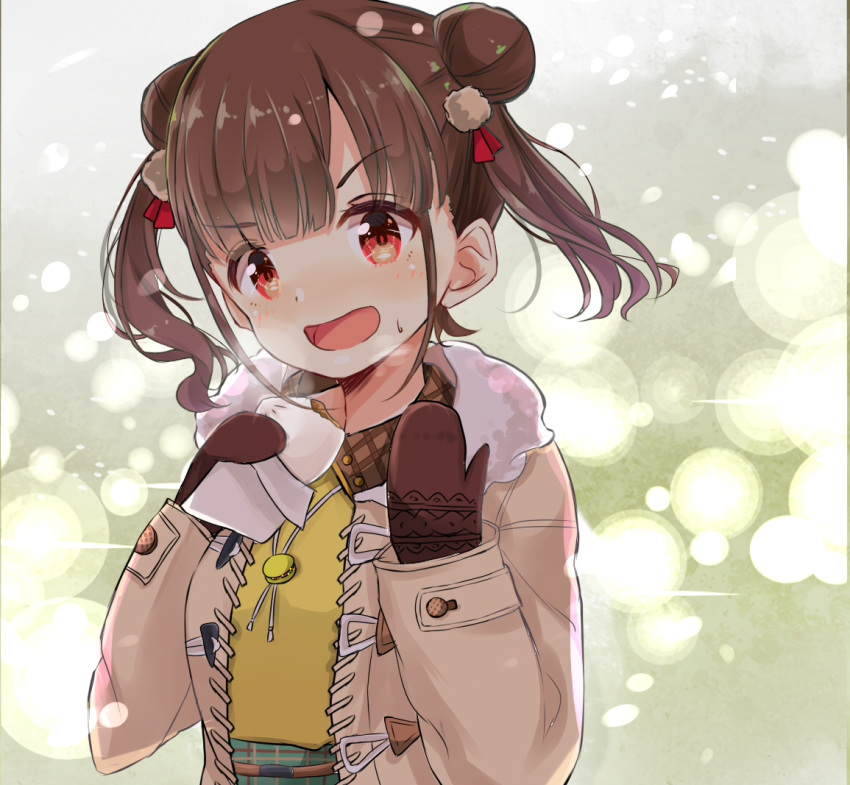 amidada bangs blush brown_coat brown_hair brown_mittens coat collared_shirt double_bun eyebrows_visible_through_hair fur-trimmed_coat fur_trim green_skirt hair_ornament hands_up head_tilt idolmaster idolmaster_shiny_colors long_hair long_sleeves looking_at_viewer mittens open_clothes open_coat open_mouth red_eyes shirt side_bun skirt sleeves_past_wrists solo sonoda_chiyoko steam sweat twintails upper_body v-shaped_eyebrows yellow_shirt