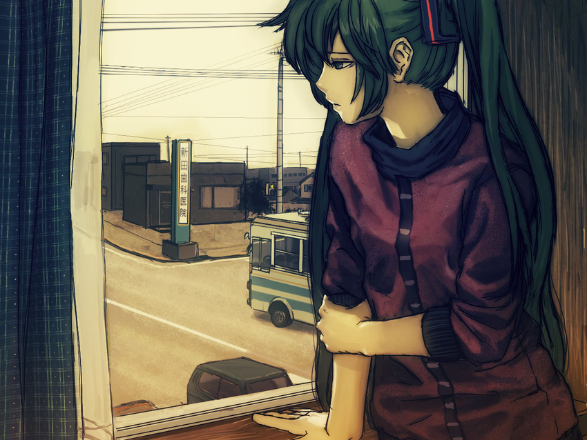 aqua_eyes aqua_hair bangs bus car ground_vehicle half-closed_eyes hand_on_own_arm hatsune_miku horuda indoors long_hair looking_out_window motor_vehicle power_lines sad sleeves_pushed_up solo subete_ga_owatte_shimau_mae_ni_(vocaloid) twintails vocaloid window