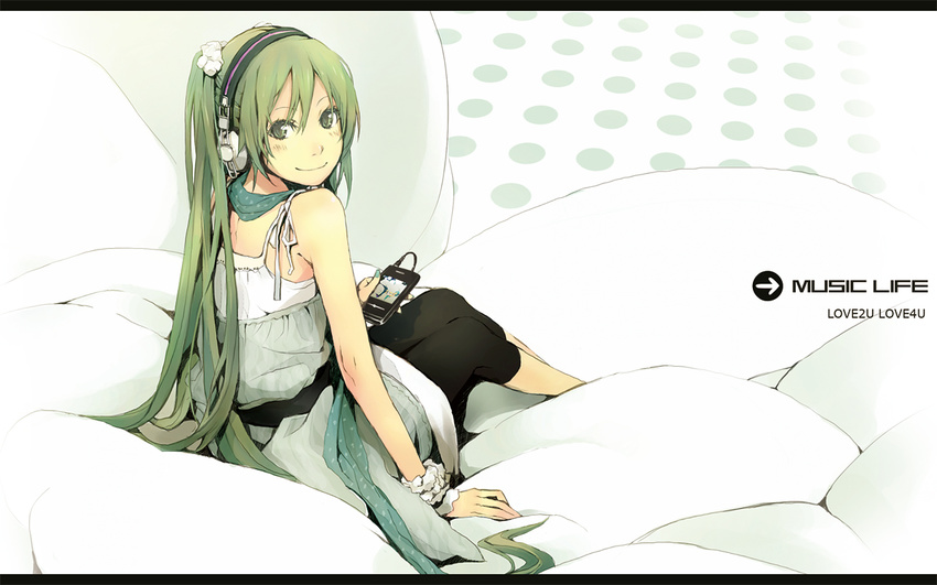 bad_id bad_pixiv_id bangs black_legwear casual digital_media_player fashion green_eyes green_hair hatsune_miku headphones ipod leggings long_hair looking_at_viewer looking_back scarf scrunchie sitting smile solo spaghetti_strap spandex twintails vocaloid white_scrunchie wrist_scrunchie yoshito