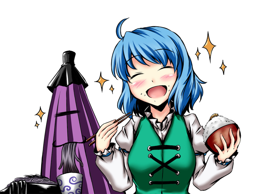 :d blue_hair blush bowl chopsticks eating food happy holding holding_bowl holding_chopsticks karakasa_obake noodles nori_(seaweed) open_mouth purple_umbrella rice short_hair smile soba solo takuan tatara_kogasa touhou umbrella yuzu_momo