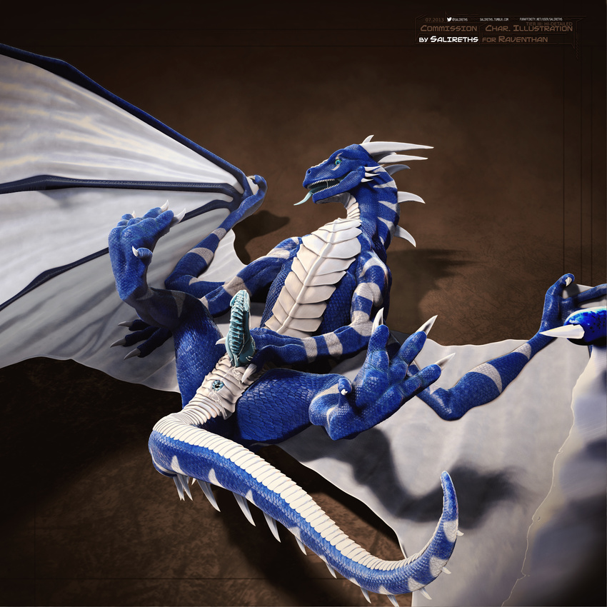 3d absurd_res anus blue_scales butt claws detailed digital_media_(artwork) dragon erection feral hi_res high-angle_shot legs_up lying male on_back open_mouth penis pinup pose realistic salireths scalie solo spread_legs spreading tongue tongue_out white_belly wings