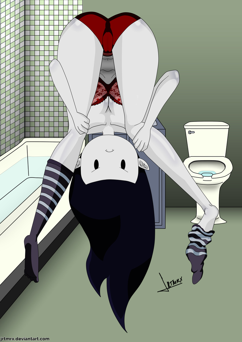 adventure_time bathroom bathtub bent_over blue_hair bra butt camel_toe cleavage clothed clothing fangs female hair jrtmrx looking_at_viewer marceline not_furry presenting solo toilet underwear upside_down vampire water