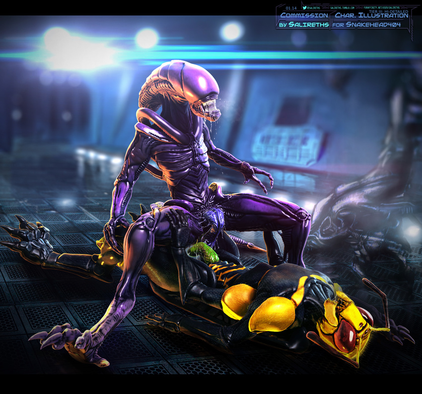 3d alien alien_(franchise) anal anal_penetration anthro arthropod claws cowgirl_position detailed digital_media_(artwork) drooling duo erection gay hi_res insect interspecies male on_top penetration penis purple_body salireths saliva sex spacecraft straddling unusual_penis xenomorph yellow_body