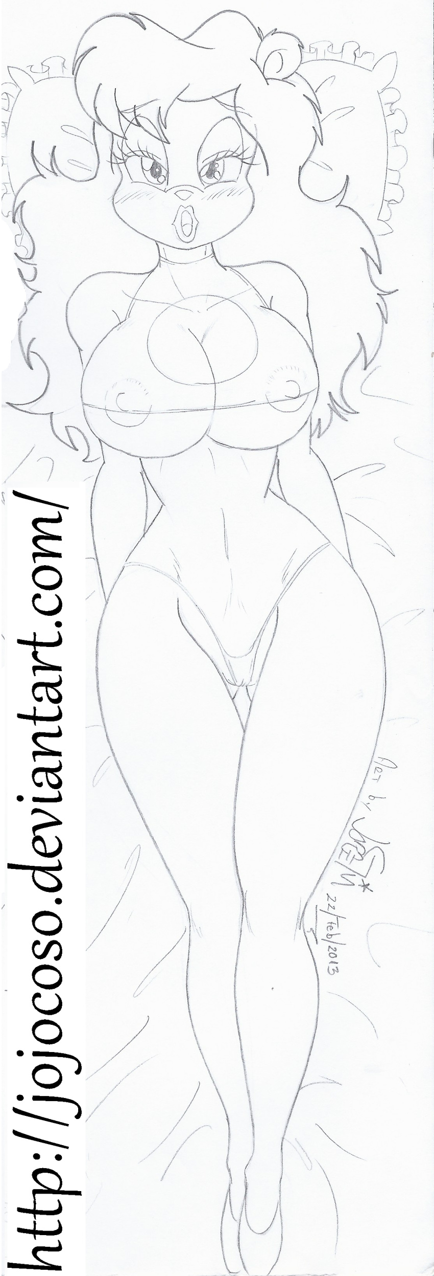 2014 anthro areola bear big_breasts breasts cleavage cleavage_cutout clothed clothing female jojocoso julie_bruin line_art looking_at_viewer mammal navel nipple_bulge pencil_(artwork) skimpy solo thong tiny_toon_adventures traditional_media_(artwork) under_boob warner_brothers