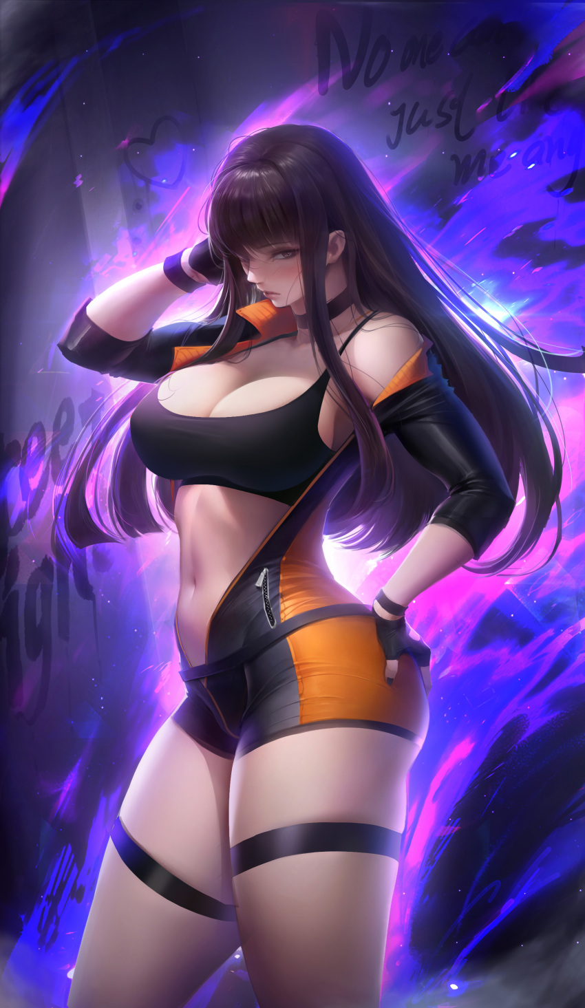 absurdres adjusting_hair bangs blush bodysuit bracelet brawler_(dungeon_and_fighter) breasts brown_eyes brown_hair chinese_commentary choker cleavage commentary_request crop_top dungeon_and_fighter fighter_(dungeon_and_fighter) fingerless_gloves flute_(artist) gloves hand_on_hip highres jacket jewelry large_breasts leather long_hair looking_at_viewer nail_polish navel off_shoulder open_bodysuit open_clothes open_jacket purple_background skin_tight sports_bra stomach thick_thighs thigh_strap thighlet thighs