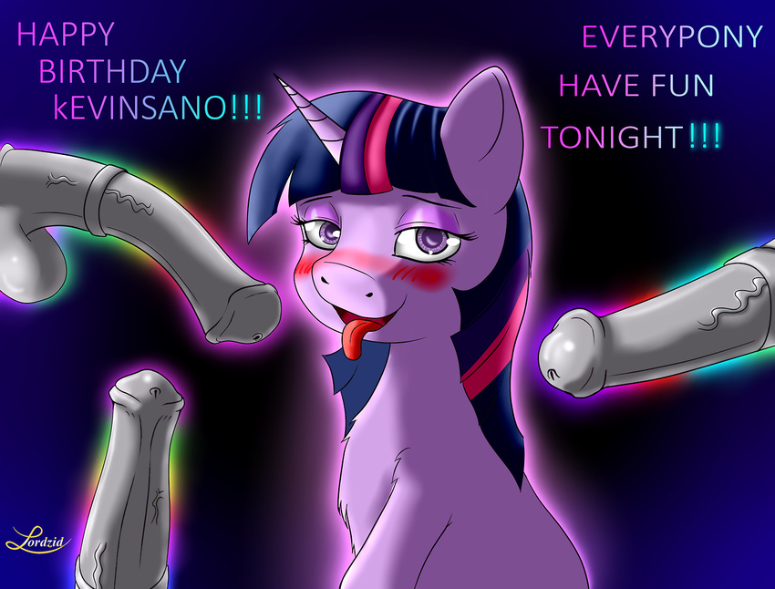 2014 animal_genitalia balls birthday blush disembodied_penis english_text equine female friendship_is_magic fur group hair horn horsecock looking_at_viewer lordzid male mammal my_little_pony open_mouth penis purple_eyes purple_fur solo_focus straight text tongue tongue_out twilight_sparkle_(mlp) unicorn vein