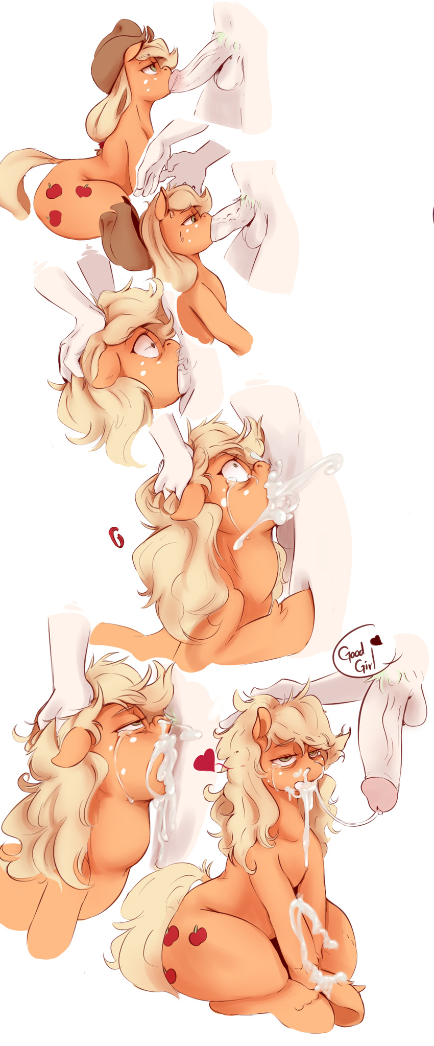 2014 applejack_(mlp) balls bestiality blonde_hair colored cum cum_from_nose cum_in_mouth cum_in_nose cum_inside cutie_mark deep_throat dialogue disembodied_penis earth_pony english_text equine fellatio female feral forced forced_oral freckles friendship_is_magic fur green_eyes hair hat hi_res horse human interspecies male mammal my_little_pony oral orange_fur penis plain_background pony sex straight sundown_(artist) sweat tears text vein white_background