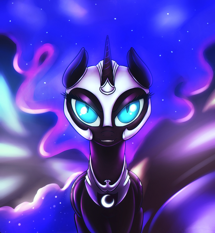 2014 blue_eyes equine fangs female friendship_is_magic fshydale helmet horn looking_at_viewer mammal my_little_pony nightmare_moon_(mlp) portrait slit_pupils smile solo sparkles winged_unicorn wings