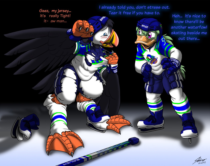 2014 anthro avian beak bird catmonkshiro clothing duck helmet hockey hockey_player ice ice_skates jersey male pheagle puffin skates torn_clothing transformation