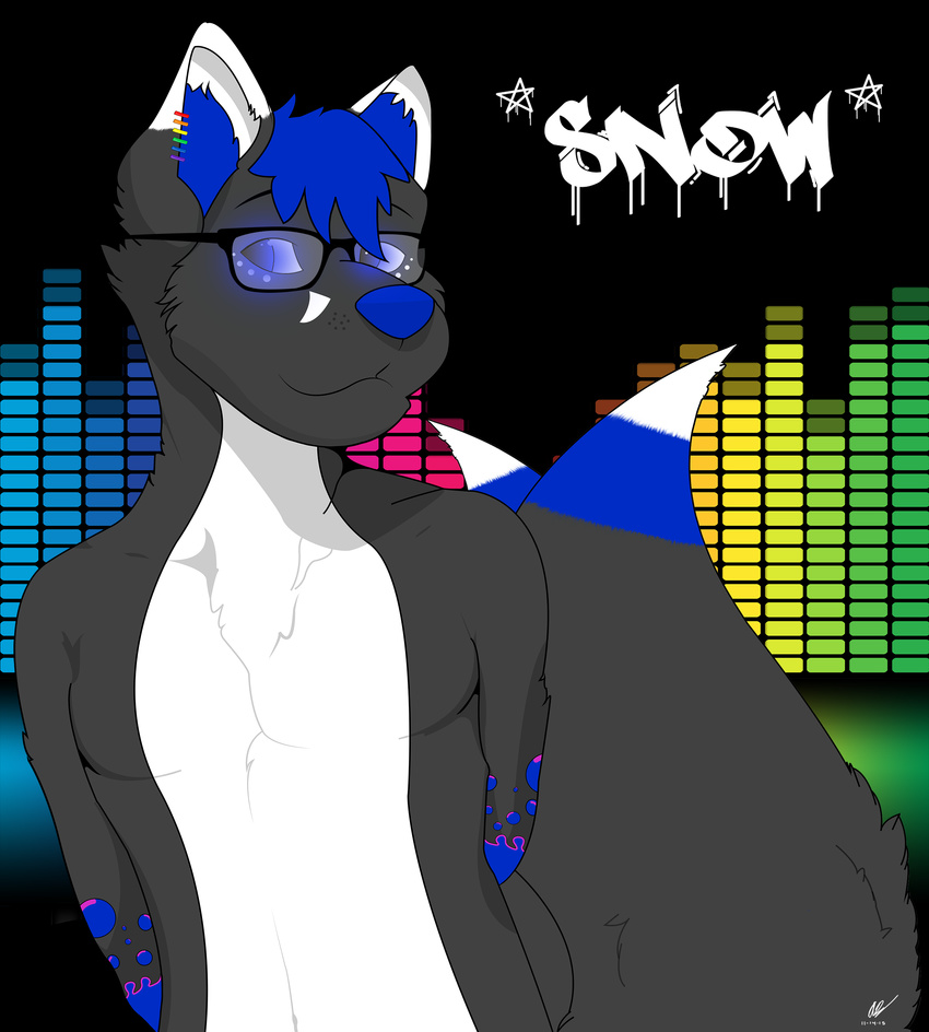 anthro bioluminescence canine ear_piercing eyewear fox furryartwork glasses glowing graffiti male mammal multiple_tails music piercing snow_crystal solo