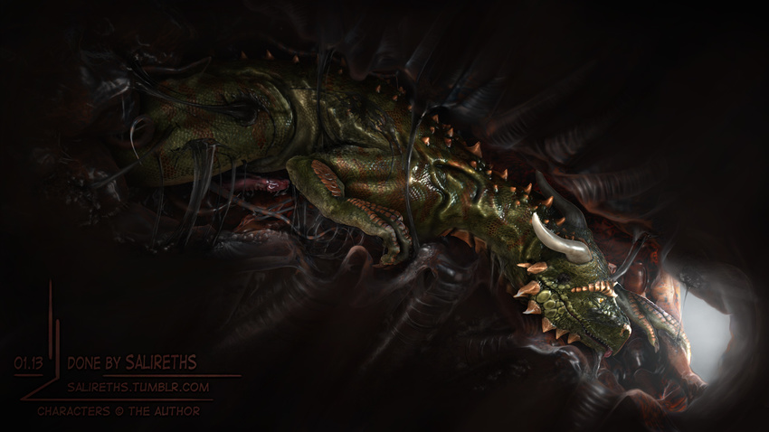 3d anal anthro digital_media_(artwork) dinosaur dragon erection full_tour green_scales hi_res internal lizard lying male on_back open_mouth penis photorealism realistic reptile salireths scalie sequence sharp_teeth soft_vore solo teeth vore