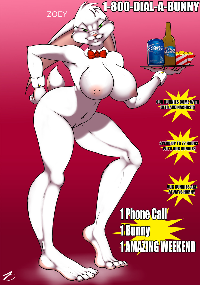 advertisement alcohol anthro beverage big_breasts big_feet bow_tie breasts female food fur green_eyes lagomorph looking_at_viewer mammal nipples product_placement pussy rabbit smile solo standing toes white_fur zp92