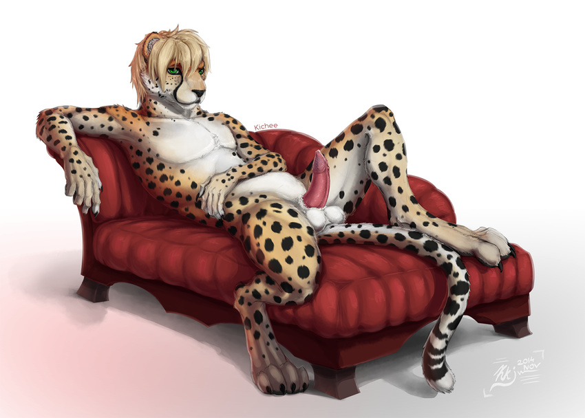 2014 animal_genitalia anthro balls barbs cheetah claws erection feline feline_penis fur fuzzy gradient_background green_eyes hair inviting karukuji lying male mammal nude penis precum sheath short_hair sofa solo spots spreading white_fur yellow_fur