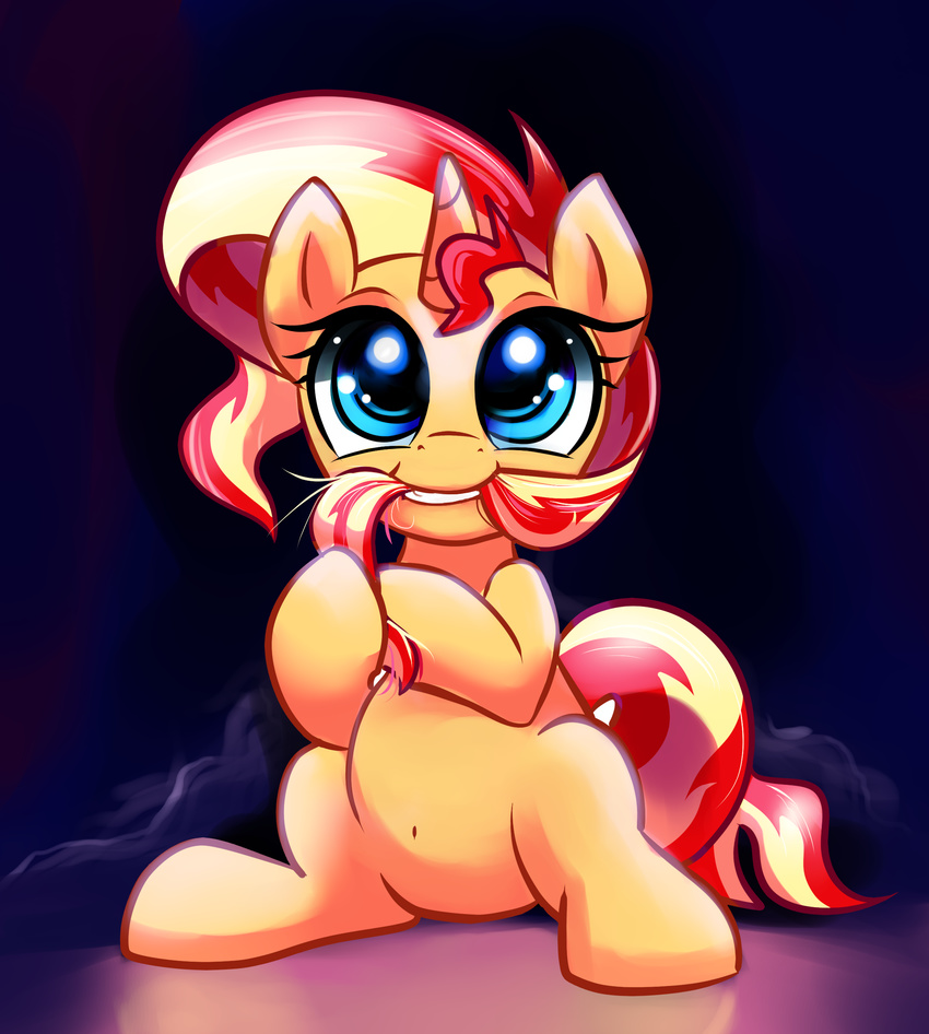 2014 blonde_hair blue_eyes eating_hair equestria_girls equine female gsphere hair horn looking_up mammal my_little_pony red_hair sitting solo sunset_shimmer_(eg) unicorn