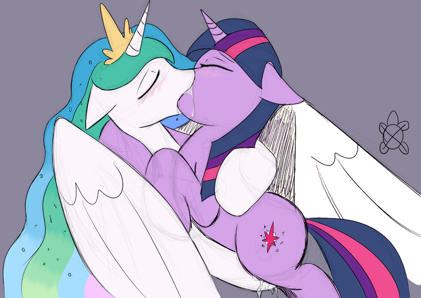 discrete_turtle duo equine female feral friendship_is_magic horn kissing lesbian mammal my_little_pony princess_celestia_(mlp) pussy_juice quadruped twilight_sparkle_(mlp) unicorn winged_unicorn wings