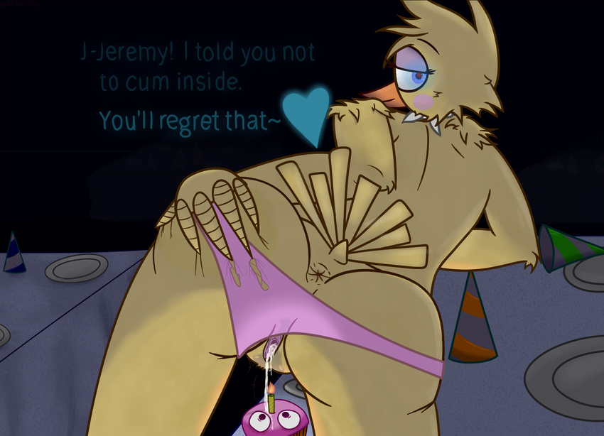 &lt;3 2014 animatronic anthro anus avian bird butt candle chicken clothing cum cum_drip cum_in_pussy cum_inside cupcake_(fnaf) dripping english_text female fishy-pony five_nights_at_freddy's five_nights_at_freddy's_2 looking_back machine mechanical panties panties_aside presenting presenting_pussy pussy robot solo spreading text torn_clothing toy_chica_(fnaf) underwear