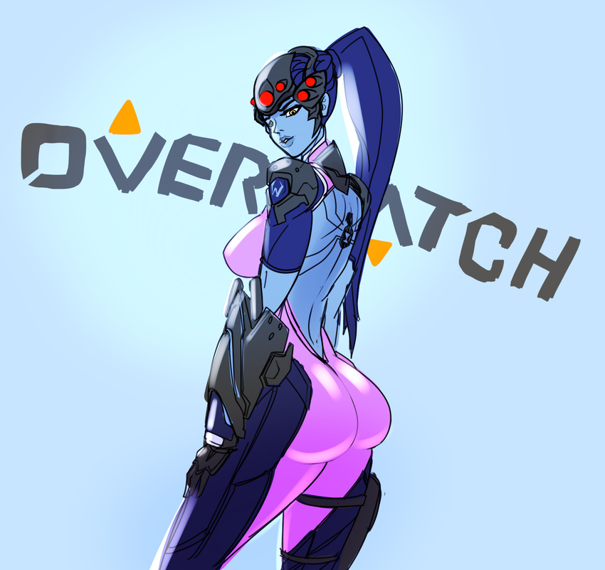 alien armor big_booty blue_skin breasts butt eyewear female goggles humanoid not_furry overwatch ponytail rubber shiny side_boob suit widowmaker