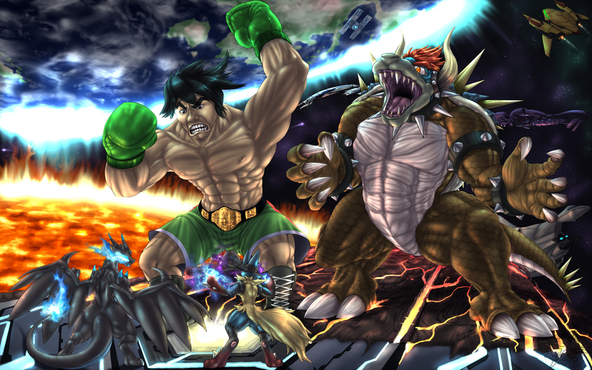 abs anthro belt biceps big_muscles black_hair borderlands bowser boxing_gloves charizard claws clothed clothing dragon fight fire giga_bowser group hair half-dressed little_mac lucario male mario_bros mass-effect mega_charizard mega_evolution mega_lucario metroid muscles mykiio nintendo nipples open_mouth pecs pok&eacute;mon reptile scales scalie shorts size_difference star_fox super_smash_bros teeth toe_claws toned topless video_games wings