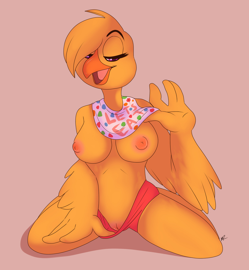 2014 anthro avian beak bib bird breasts chica_(fnaf) chicken eyelashes feathers female five_nights_at_freddy's five_nights_at_freddy's_2 hi_res looking_down murcat nipples nude open_mouth plain_background purple_eyes pussy solo toy_chica_(fnaf) wings