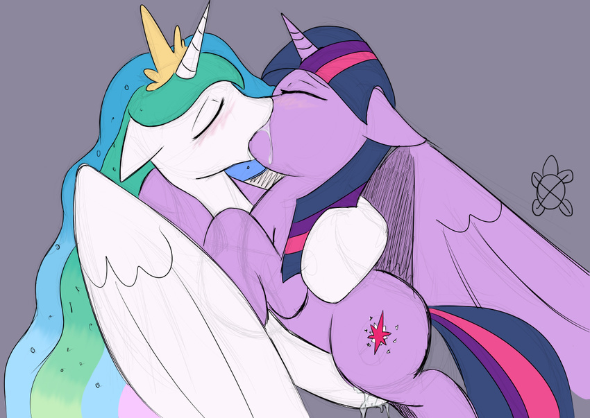 discrete_turtle duo equine female feral friendship_is_magic horn kissing lesbian mammal my_little_pony princess_celestia_(mlp) pussy_juice quadruped twilight_sparkle_(mlp) unicorn winged_unicorn wings