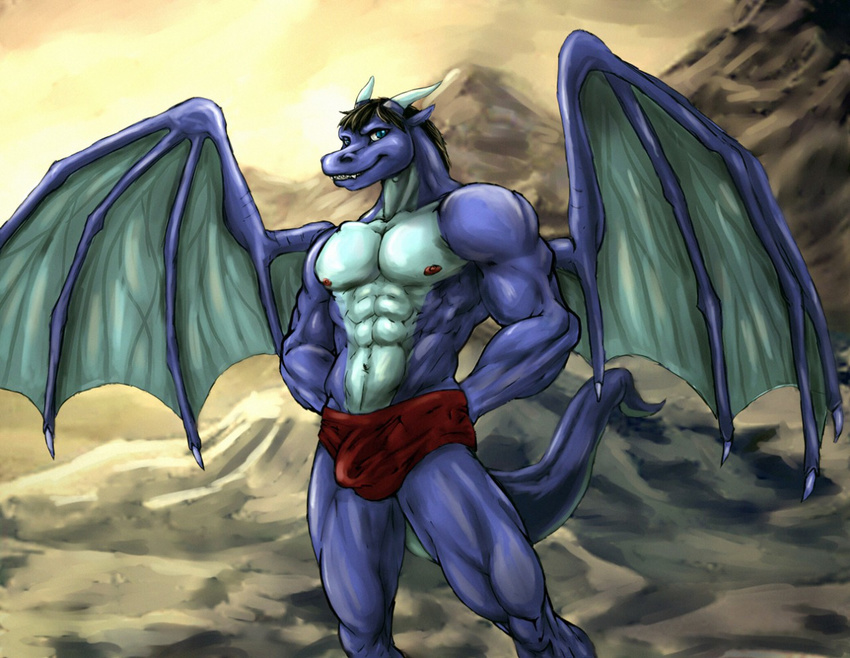 abs anthro biceps big_muscles black_hair bleakcat blue_eyes blue_skin briefs bulge clothed clothing dragon fangs grey_skin grin hair half-dressed horn looking_at_viewer male mountain muscles nipples outside pecs pose reptile scales scalie smile solo standing teeth toned topless underwear vein wings