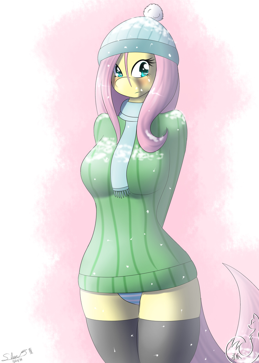 anthro big_breasts breasts equine female fluttershy_(mlp) friendship_is_magic hat mammal my_little_pony pom_hat scarf silverfox057 snow sweater winter