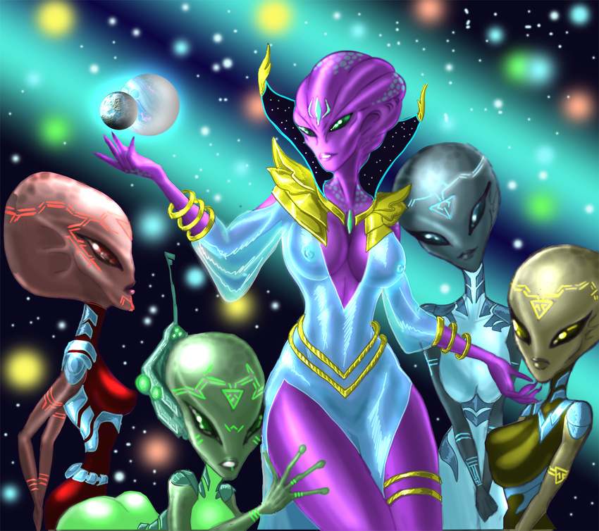 4_fingers alien big_eyes bioluminescence female glowing nipples planet space spacescape tattoo uniform