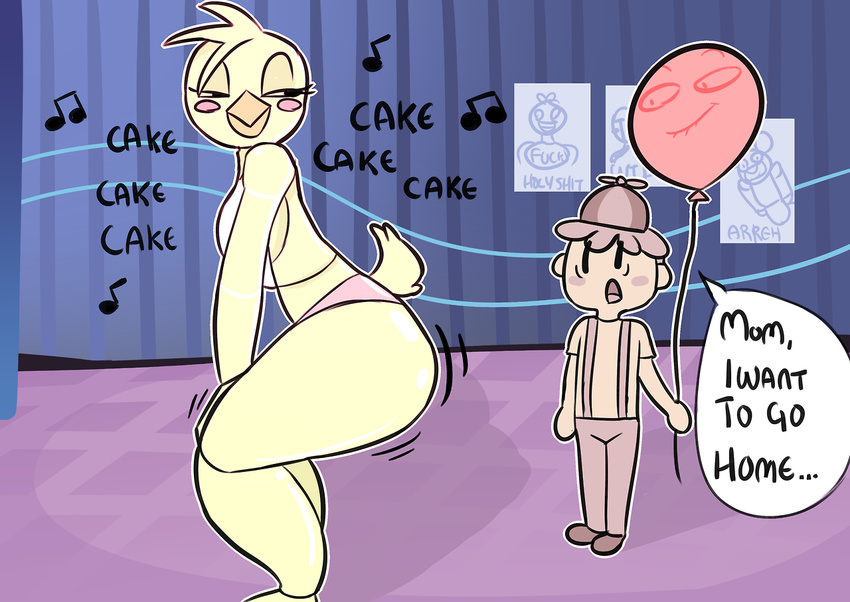 animatronic anthro avian balloon_boy_(fnaf) bird blush butt chica_(fnaf) chicken cleavage clothed clothing cupcake duo english_text female five_nights_at_freddy's five_nights_at_freddy's_2 food human machine male mammal mechanical musical_note one_eye_closed rihanna robot source_request suggestive text toy_chica_(fnaf) twerking underwear unknown_artist