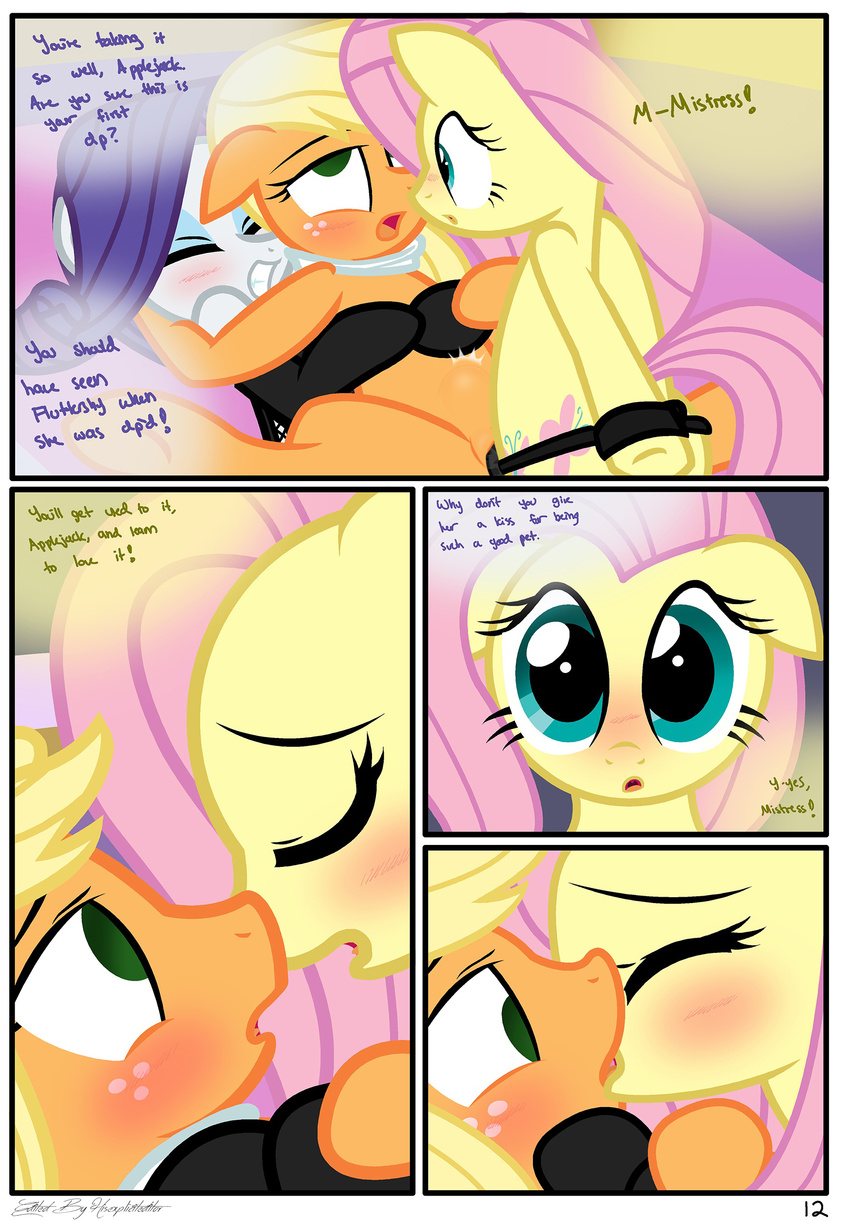 2014 abdominal_bulge anal applejack_(mlp) blonde_hair comic cutie_mark dialogue dildo double_penetration edit english_text equine female fluttershy_(mlp) freckles friendship_is_magic fur green_eyes group hair hisexpliciteditor horse kissing lesbian mammal my_little_pony orange_fur penetration pink_hair pony purple_hair pyruvate rarity_(mlp) sex_toy spread_legs spreading strapon text vaginal vaginal_penetration white_fur yellow_fur