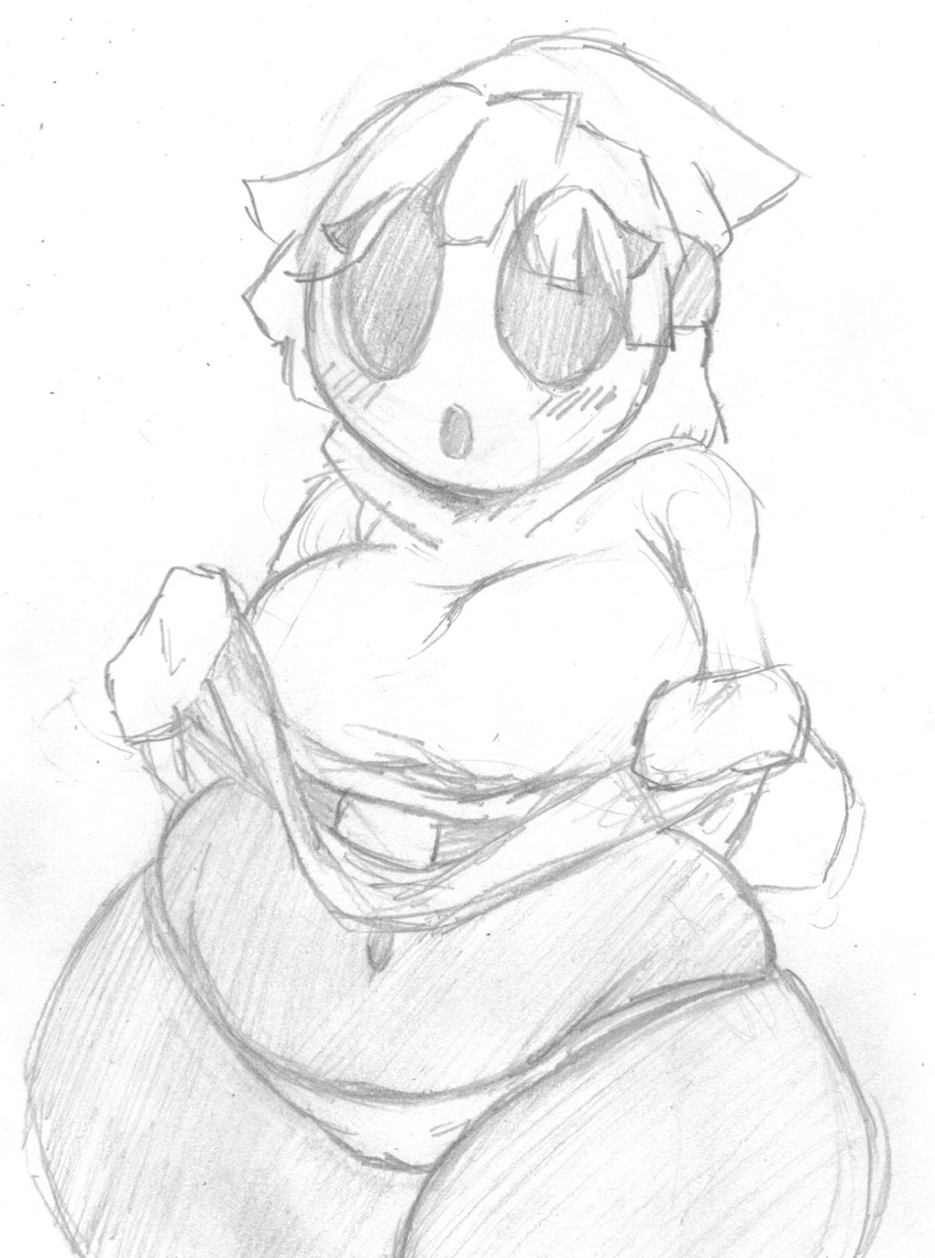 big_thighs blush chubby clothing female greyscale kenta_(artist) mario_bros mask monochrome navel nintendo pencil_(artwork) shyguy sketch skirt skirt_lift solo standing traditional_media_(artwork) underwear video_games