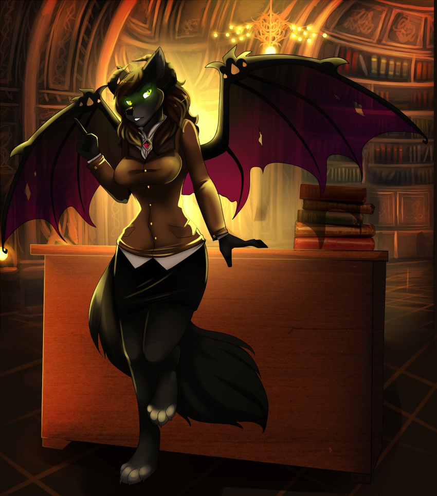 aimi anthro arm_support book book_shelf breasts brooch brown_hair canine chandelier clothed clothing demon desk female gem glowing glowing_eyes green_eyes hair horn inside leaning leaning_back library mammal on_one_leg ruby shelf skirt solo standing teeth toeless_(marking) wings