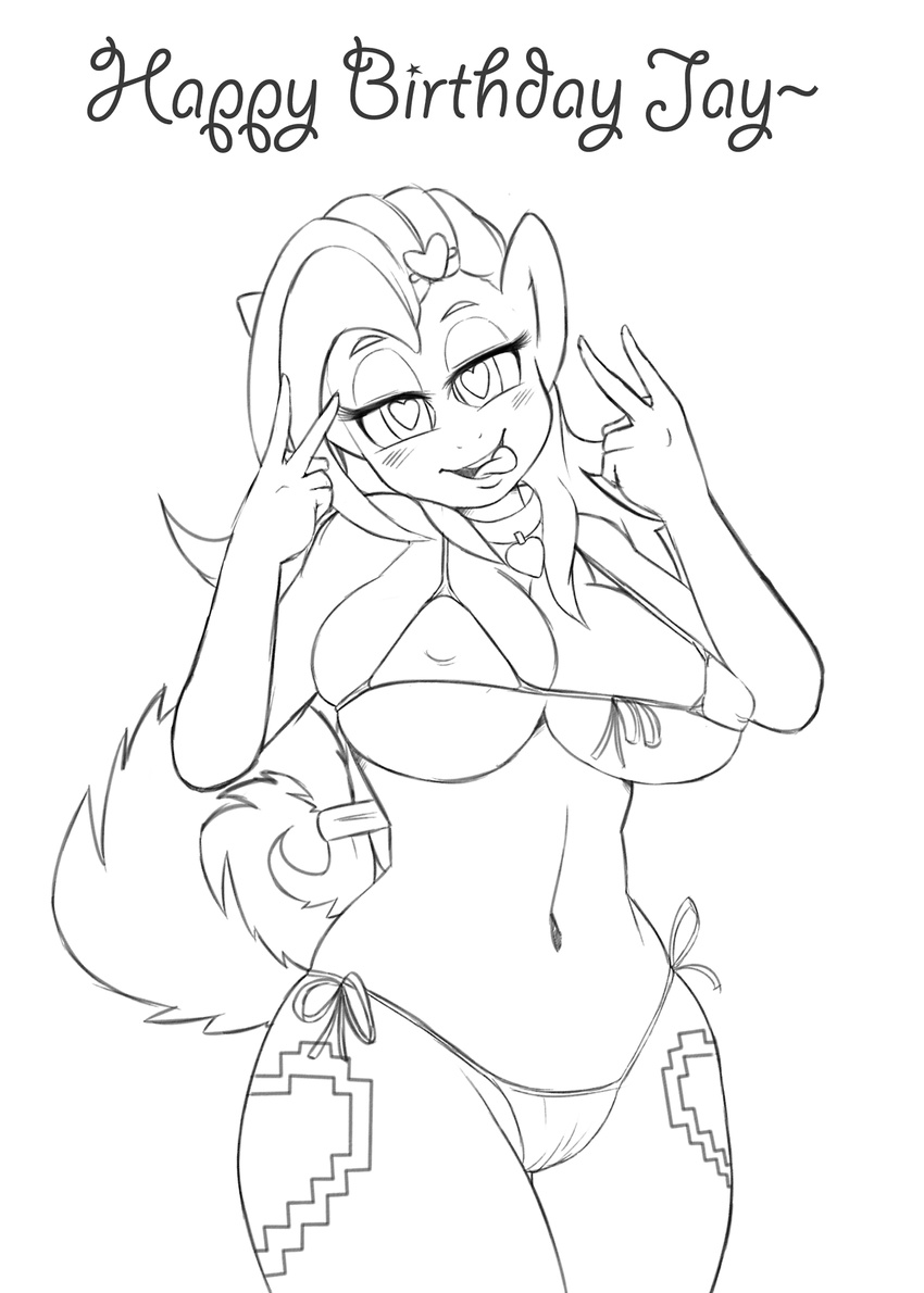 &lt;3 &lt;3_eyes anthro big_breasts bikini blush breasts cleavage clothed clothing collar cutie_mark doggie999 earth_pony english_text equine fan_character female hair hairclip half-closed_eyes horse huge_breasts licking licking_lips looking_at_viewer mammal monochrome navel pony pose skimpy smile solo swimsuit teeth text tongue tongue_out