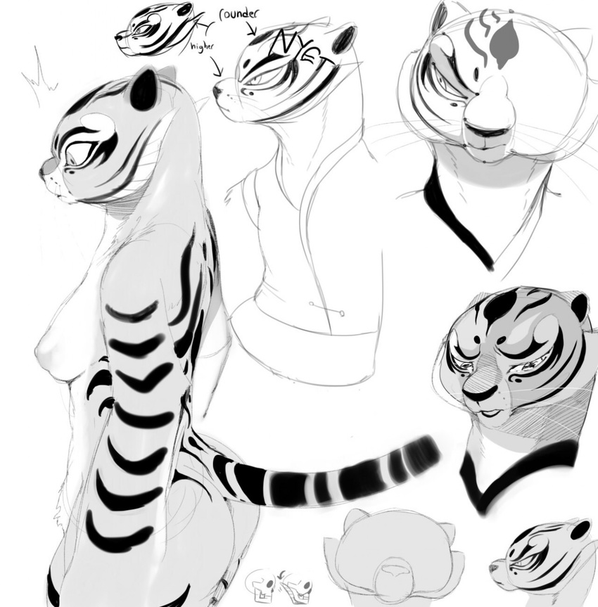 anthro black_nose breasts butt cat clothing crying feline female kung_fu_panda mammal master_tigress nipples nude side_boob standing sunibee tiger