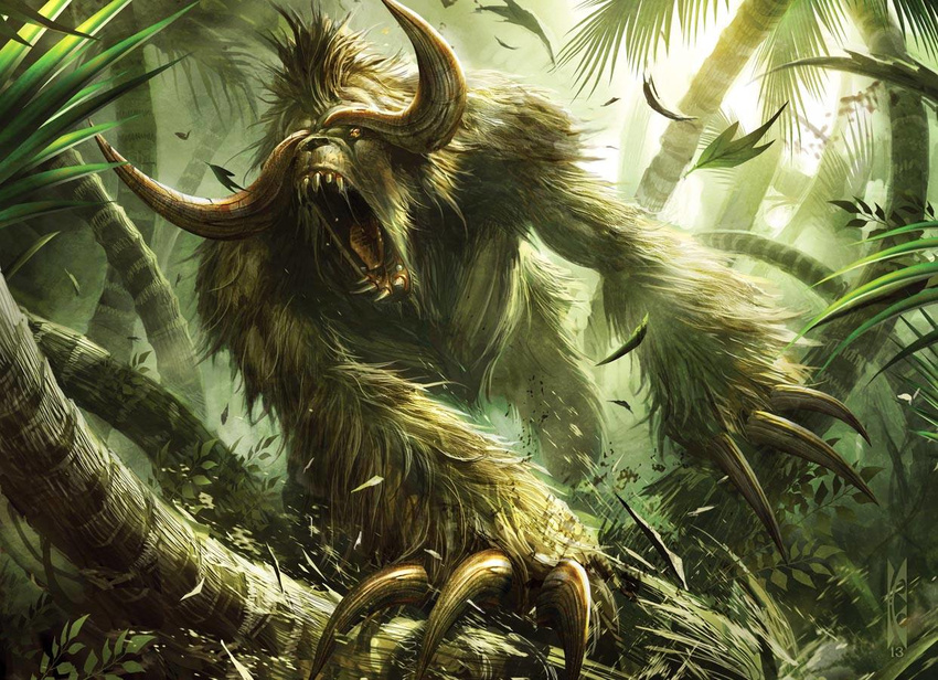 ambiguous_gender claws fangs feral forest horn magic_the_gathering monster nature official_art outside raymond_swanland restricted_palette roaring solo tree