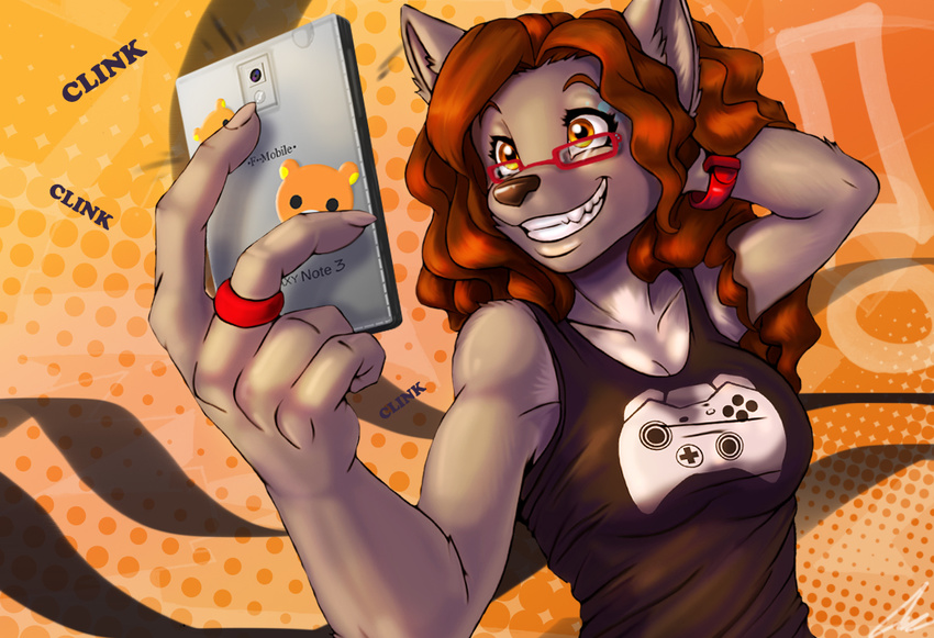 anthro breasts brown_hair canine claws clothing eyewear female fox-die fur glasses hair mammal nana_(character) nana_(firetally) phone samsung selfie smile t-mobile teeth wolf