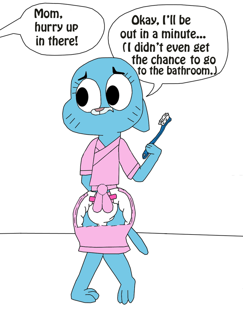 anthro bathrobe blue_skin dialogue diaper diaperloverperson feline female mammal mydlsecretlife nicole_watterson the_amazing_world_of_gumball toothbrush