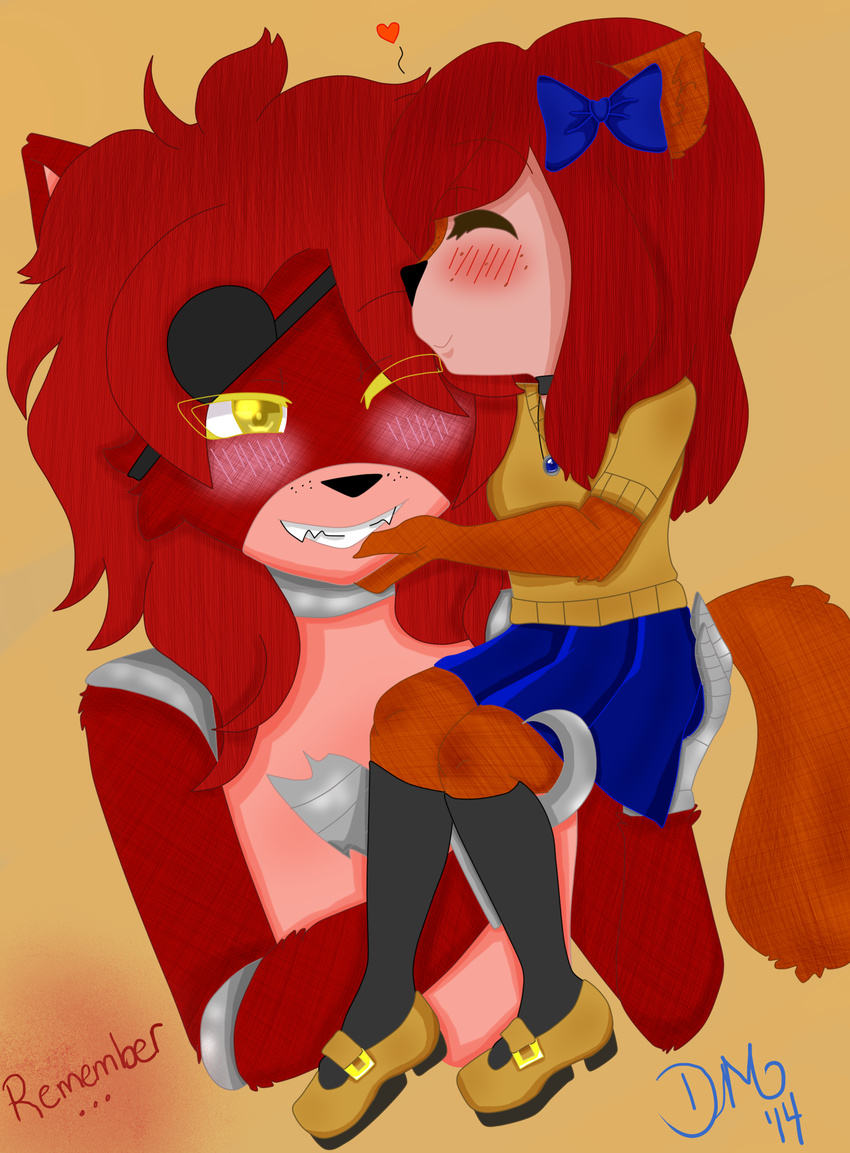 animatronic anthro blue_skirt blush brown_fur child cute discordmelody female five_nights_at_freddy's foxy_(fnaf) freckles fur hair hair_bow holding jasmine_ivory kissing machine mammal mechanical red_hair robot rodent squirrel yellow_eyes young