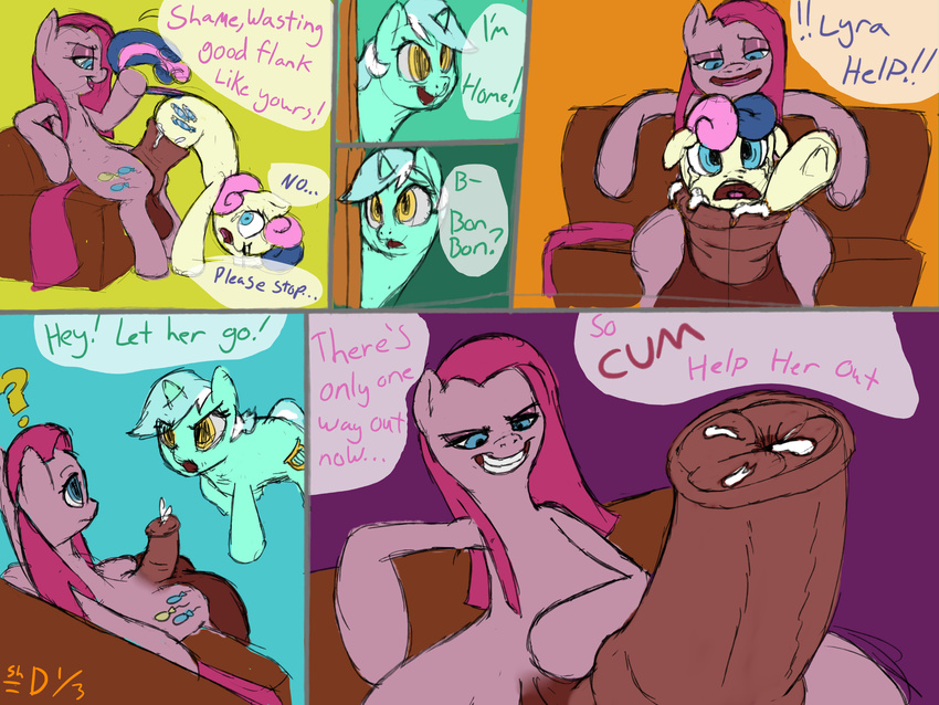 2014 ? absurd_res animal_genitalia balls blue_eyes bonbon_(mlp) cock_vore comic cum cutie_mark death dialogue dickgirl dickgirl_on_female digestion earth_pony english_text equine eye_contact female feral friendship_is_magic fur green_fur grin group hair half-closed_eyes hi_res horn horse horsecock inside_balls intersex intersex_on_female long_hair lyra_heartstrings_(mlp) mammal my_little_pony open_mouth penetration penis pink_fur pink_hair pinkamena_(mlp) pinkie_pie_(mlp) pony shdingo sitting tail_grab tears text two_tone_hair unicorn urethral urethral_penetration vore