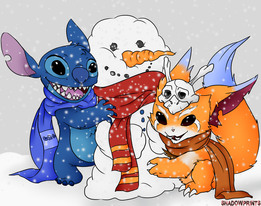 2014 3_toes alien blue_fur claws couple cute disney duo experiment_(species) fangs fur games gnar_(league_of_legends) league_of_legends lilo_and_stitch male orange_fur scarf shadowprints skull snow snowing snowman stitch teeth toes video_games winter