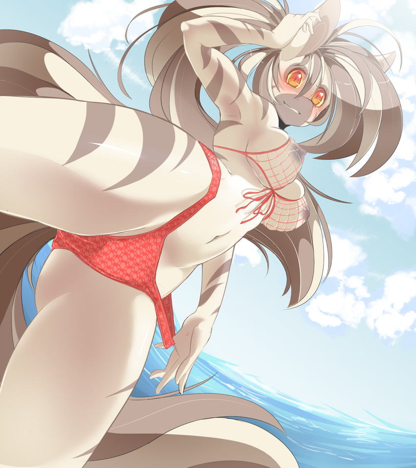 anthro big_breasts blush breasts clothed clothing cloud equine erect_nipples fan_character female fishnet fur hair hooves larkdraws long_hair looking_at_viewer low-angle_shot mammal midriff navel nipples orange_eyes outside ponytail presenting raised_arm skimpy sky smile solo standing stripes swimsuit teeth two_tone_hair water worm's-eye_view zebra