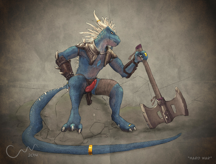 2014 4_fingers 4_toes a-marzzel absurd_res anthro armor athletic axe bandage belt blue_body blue_scales claws clothing confident convincing_weapon dew_claw dew_toe dragon dripping erection front guardian hi_res holding_weapon horn horn_ring horny leather length loincloth loincloth_aside long_tail looking_at_viewer male markings metal muscles orange_eyes outside penis precum presenting presenting_penis ready red_penis ring rock scales scalie simple_background sitting slim smile solo spikes tail_ring teeth therius toe_claws toe_ring toes unconvincing_armor warrior weapon