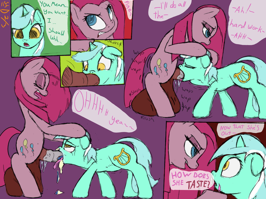 2014 absurd_res animal_genitalia balls big_balls blue_eyes comic cum cum_in_mouth cum_inflation cum_inside cutie_mark death deep_throat dialogue dickgirl dickgirl_on_female digestion duo earth_pony english_text equine excessive_cum eye_contact eyes_closed fellatio female feral friendship_is_magic fur green_fur hair hand_on_head hi_res horn horse horsecock huge_balls inflation intersex intersex_on_female long_hair lyra_heartstrings_(mlp) mammal my_little_pony open_mouth oral penis pink_fur pink_hair pinkamena_(mlp) pinkie_pie_(mlp) pony sex shdingo text two_tone_hair unicorn