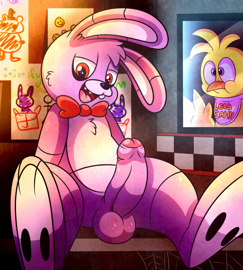 animatronic anthro avian balls bird bonnie_(fnaf) chica_(fnaf) chicken duo erection five_nights_at_freddy's lagomorph machine male mammal mechanical open_mouth penis purple_eyes rabbit red_eyes robot solo_focus spice5400 teeth tongue uncut