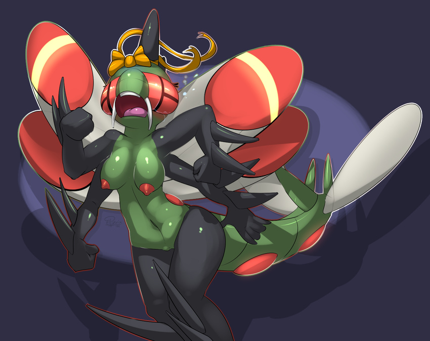 2014 anthro anthrofied areola arthropod big_breasts bow breasts crying elpatrixf female four_arms insect multi_limb multiple_arms navel nintendo nipples nude pok&eacute;mon pussy red_nipples solo tears tongue video_games wings yanmega