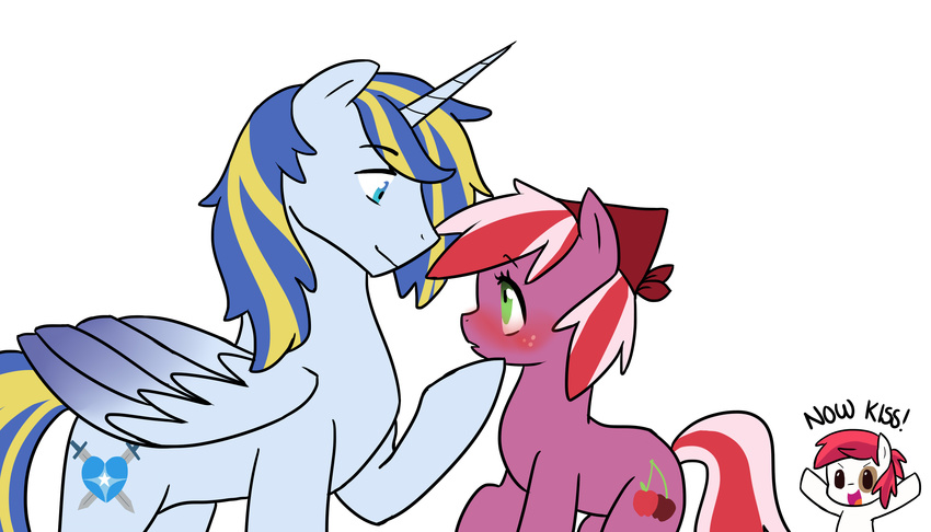 blue_eyes blush cutie_mark duo equine fan_character female fur green_eyes hair horn horse kilala97 male mammal my_little_pony plain_background pony text two_tone_hair white_fur winged_unicorn wings young