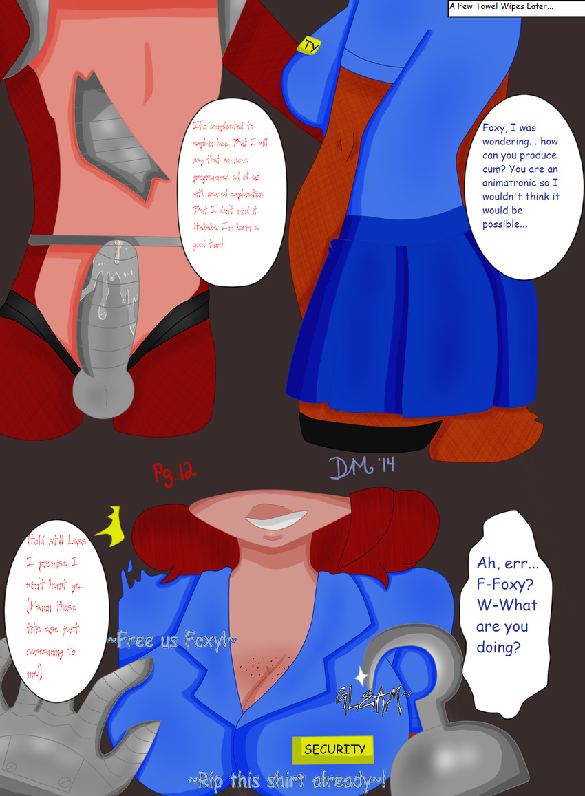 animatronic anthro blue_shirt brown_fur canine clothing comic cum cute dialogue discordmelody erection female five_nights_at_freddy's fox foxy_(fnaf) freckles fur hair hook jasmine_ivory machine male mammal mechanical penis precum red_fur red_hair robot rodent squirrel uniform unusual_penis