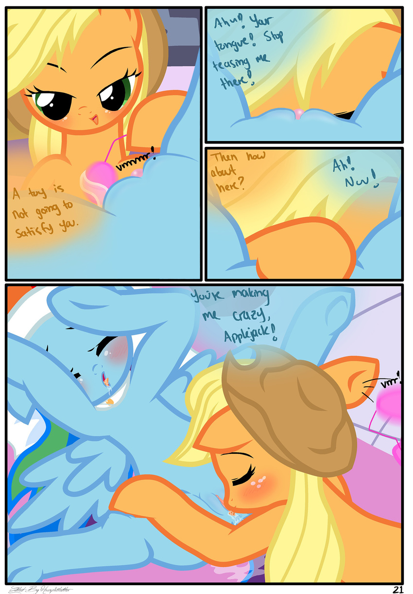 anus applejack_(mlp) blush clitoris close-up comic cowboy_hat dialogue edit english_text equine female feral freckles friendship_is_magic green_eyes hair hat hi_res hisexpliciteditor horse lesbian mammal multicolored_hair my_little_pony pegasus pony pussy pyruvate rainbow_dash_(mlp) sex_toy spa spread_legs spreading text vibrator wing_boner wings