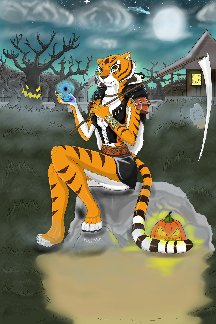 4_toes anthro breasts cemetery clothing cloud coat colors feline female fog fur grass halloween holidays house kung_fu_panda lantern looking_at_viewer magic mammal master_tigress moon plejman po pumpkin scythe shading sitting solo spell toes tombstone tree