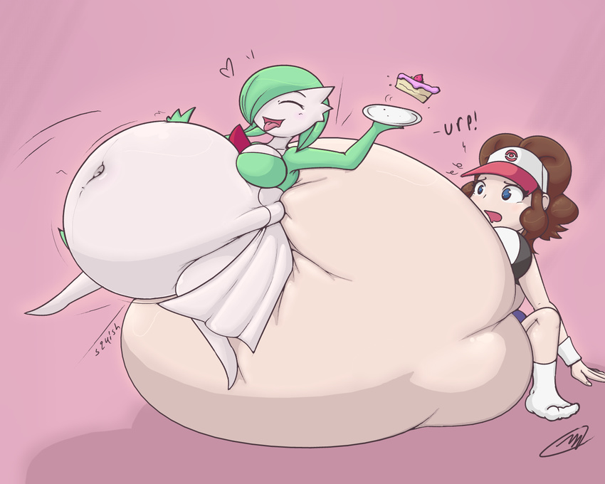 anthro axlwisp big_belly duo female food gardevoir human humanoid hyper hyper_belly mammal navel nintendo open_mouth pok&eacute;mon stuffing tongue tongue_out video_games
